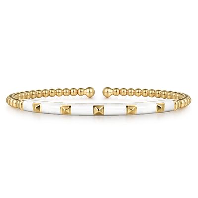 Enamel - 14K Yellow Gold Bujukan Beads and Pyramid Split Bangle with White Enamel