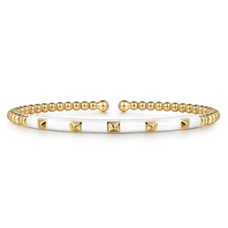 Enamel - 14K Yellow Gold Bujukan Beads and Pyramid Split Bangle with White Enamel - Shot 1