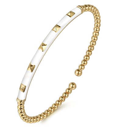 Enamel - 14K Yellow Gold Bujukan Beads and Pyramid Split Bangle with White Enamel