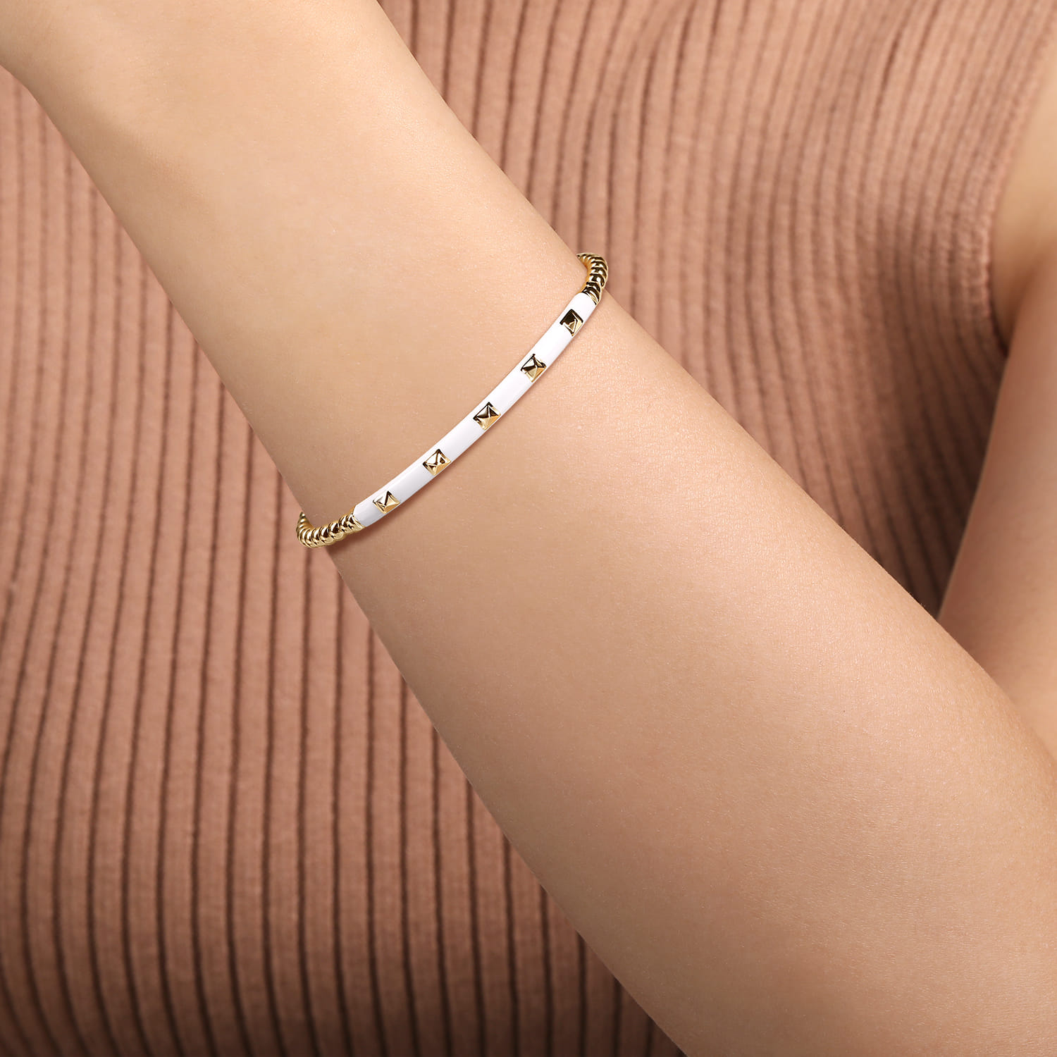 Enamel - 14K Yellow Gold Bujukan Beads and Pyramid Split Bangle with White Enamel - Shot 4