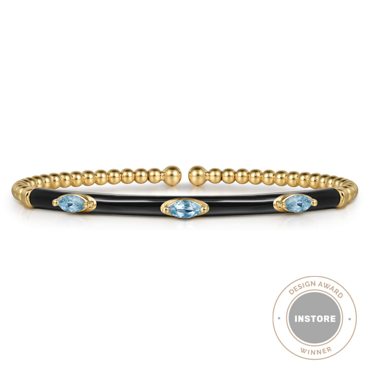 Enamel - 14K Yellow Gold Bujukan Blue Topaz Split Bangle with Black Enamel - Shot 1