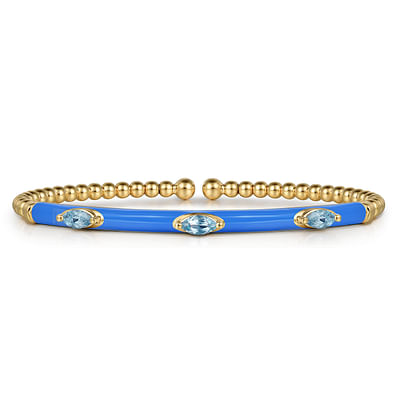Enamel - 14K Yellow Gold Bujukan Blue Topaz Split Bangle with Blue Enamel