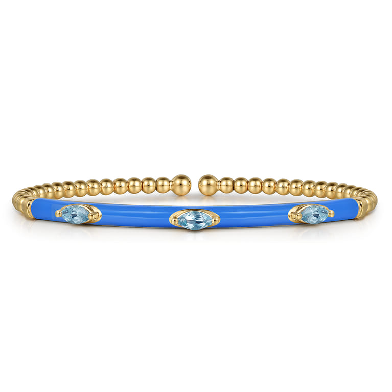 Enamel - 14K Yellow Gold Bujukan Blue Topaz Split Bangle with Blue Enamel - Shot 1