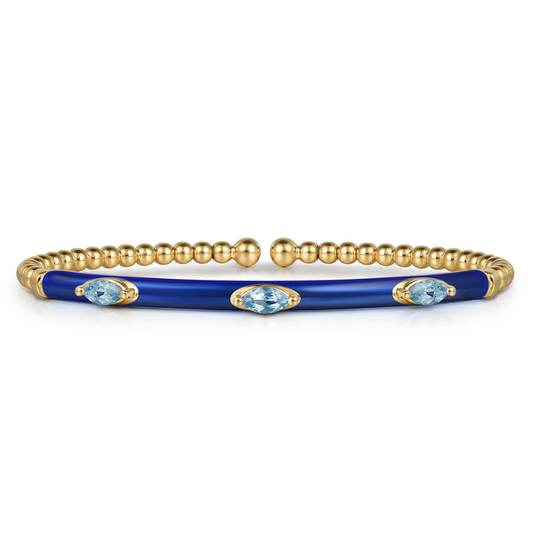Enamel - 14K Yellow Gold Bujukan Blue Topaz Split Bangle with Chrome Blue Enamel - Shot 1