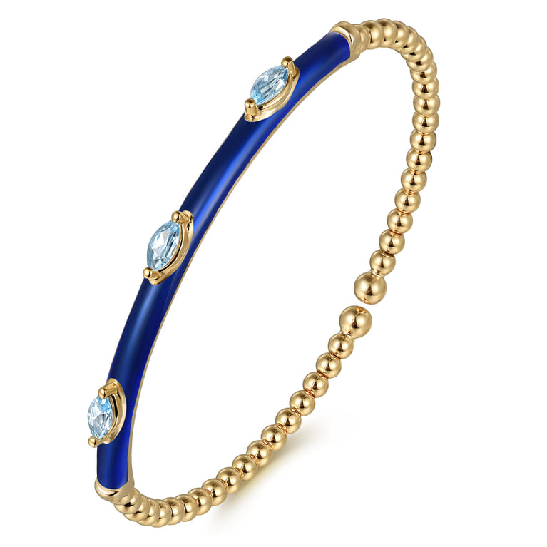Enamel - 14K Yellow Gold Bujukan Blue Topaz Split Bangle with Chrome Blue Enamel - Shot 2