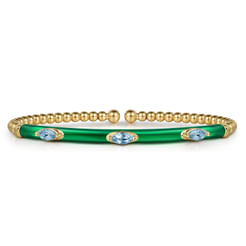 14K Yellow Gold Bujukan Blue Topaz Split Bangle with Chrome Green Enamel