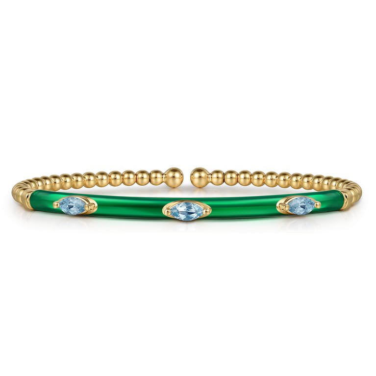 Enamel - 14K Yellow Gold Bujukan Blue Topaz Split Bangle with Chrome Green Enamel - Shot 1
