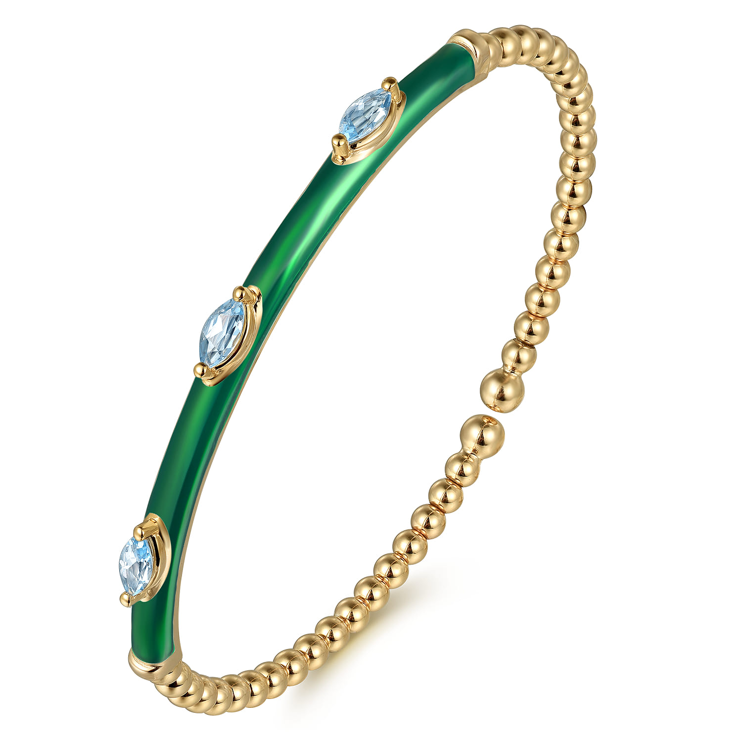 Enamel - 14K Yellow Gold Bujukan Blue Topaz Split Bangle with Chrome Green Enamel - Shot 2