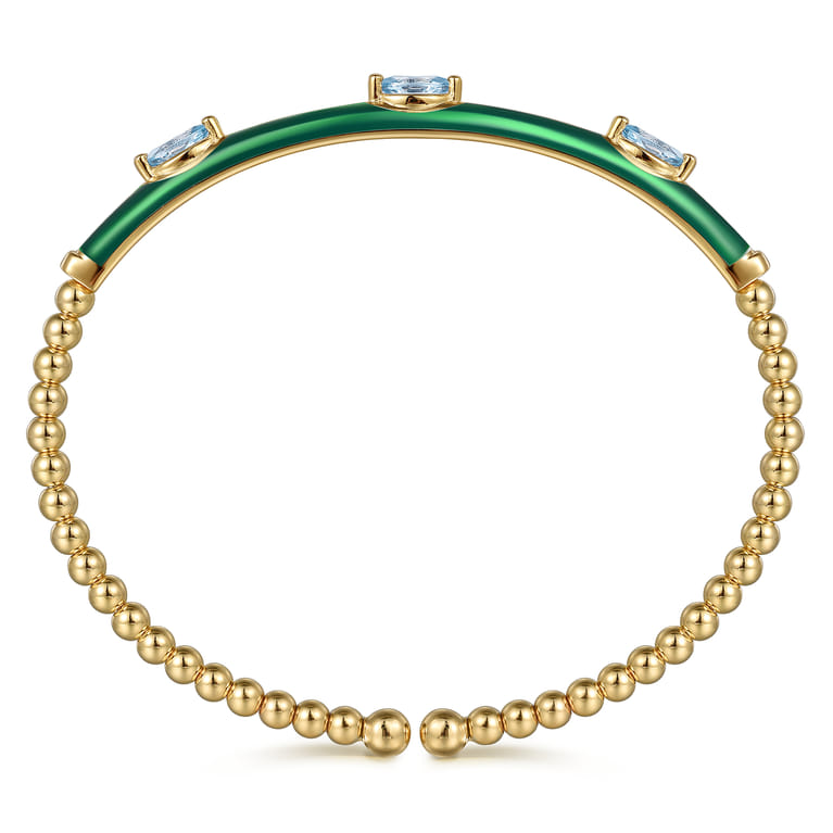 Enamel - 14K Yellow Gold Bujukan Blue Topaz Split Bangle with Chrome Green Enamel - Shot 3