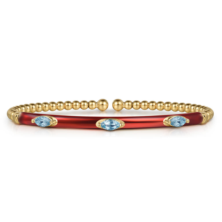 Enamel - 14K Yellow Gold Bujukan Blue Topaz Split Bangle with Chrome Red Enamel - Shot 1