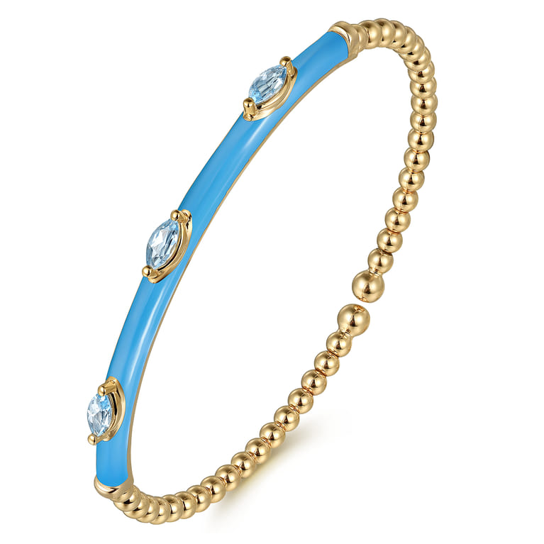 Enamel - 14K Yellow Gold Bujukan Blue Topaz Split Bangle with Dusk Blue Enamel - Shot 2