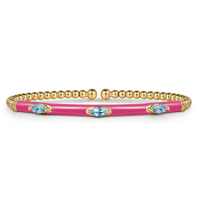 Enamel - 14K Yellow Gold Bujukan Blue Topaz Split Bangle with Fuchsia Enamel