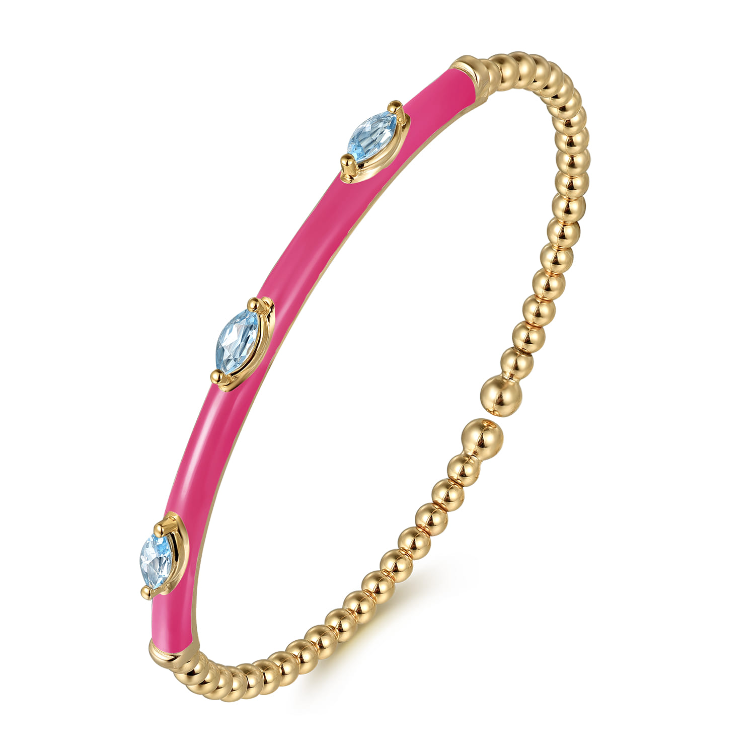 Enamel - 14K Yellow Gold Bujukan Blue Topaz Split Bangle with Fuchsia Enamel - Shot 2