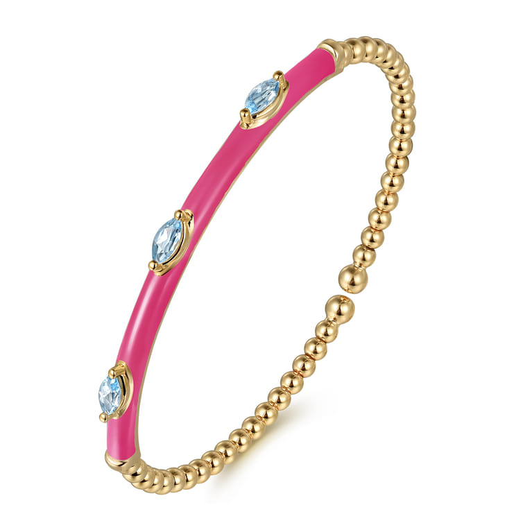 Enamel - 14K Yellow Gold Bujukan Blue Topaz Split Bangle with Fuchsia Enamel - Shot 2