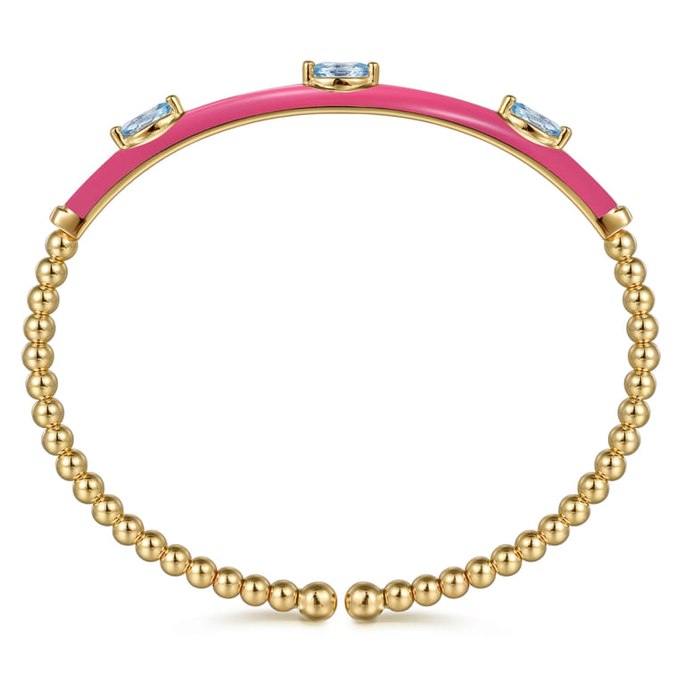 Enamel - 14K Yellow Gold Bujukan Blue Topaz Split Bangle with Fuchsia Enamel - Shot 3