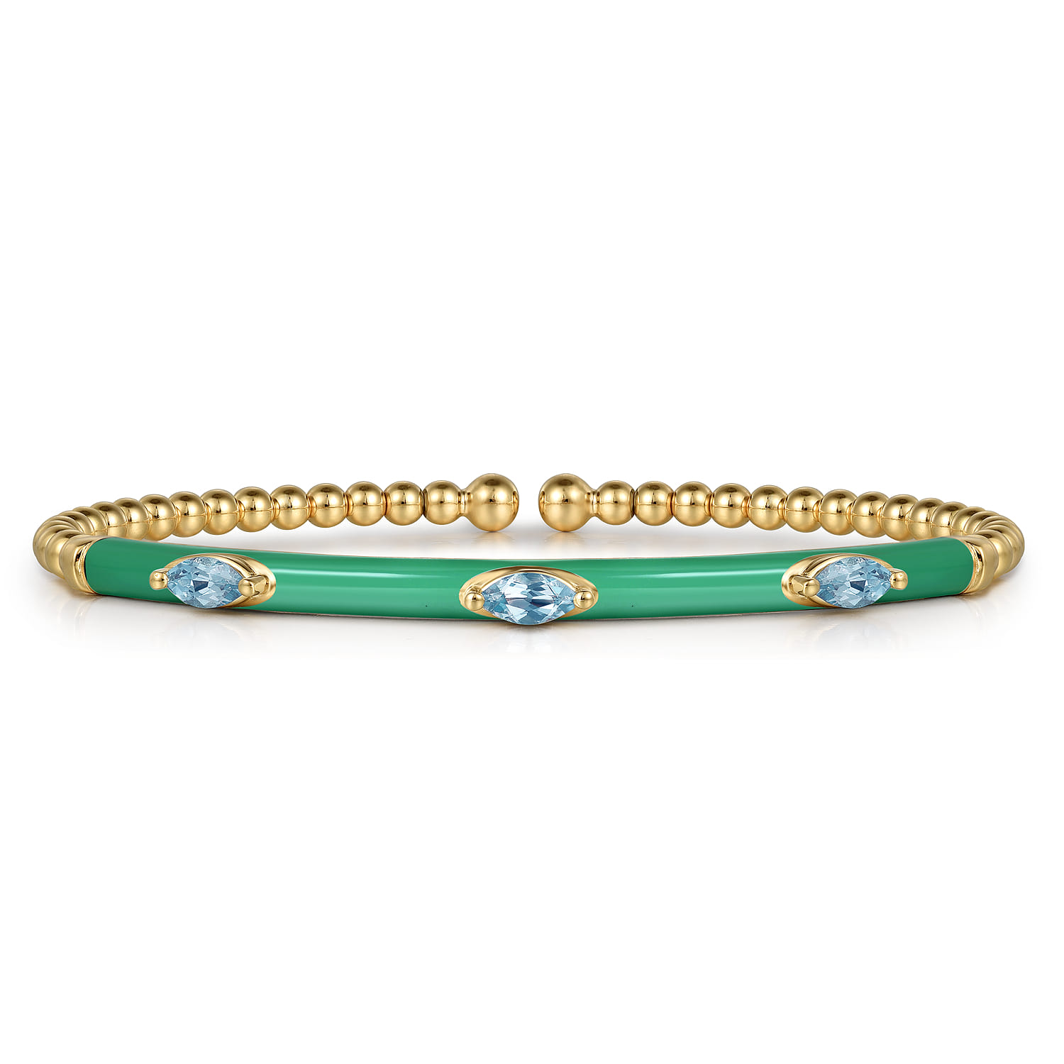 Enamel - 14K Yellow Gold Bujukan Blue Topaz Split Bangle with Mint Green Enamel - Shot 1
