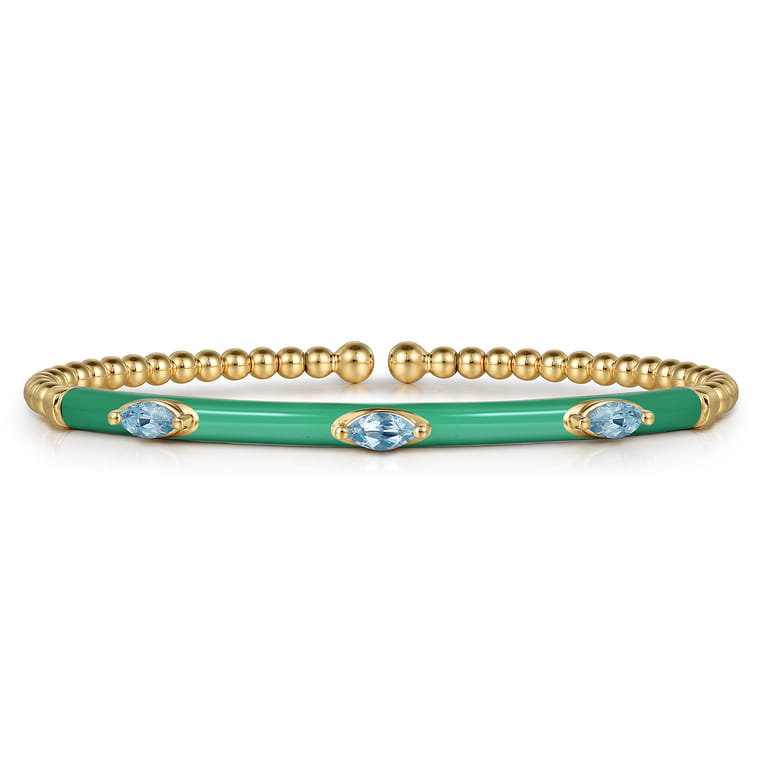 Enamel - 14K Yellow Gold Bujukan Blue Topaz Split Bangle with Mint Green Enamel - Shot 1