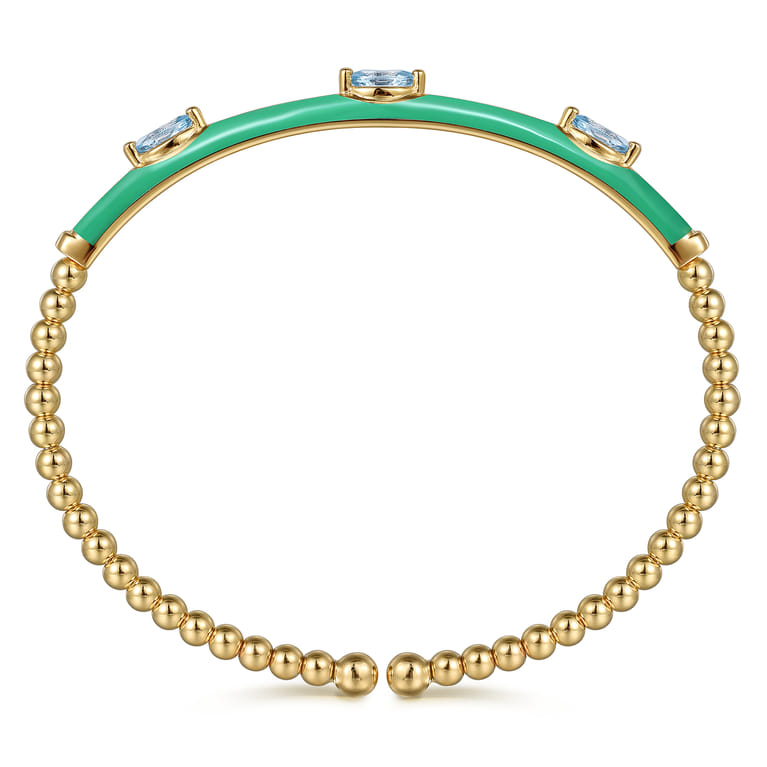 Enamel - 14K Yellow Gold Bujukan Blue Topaz Split Bangle with Mint Green Enamel - Shot 3