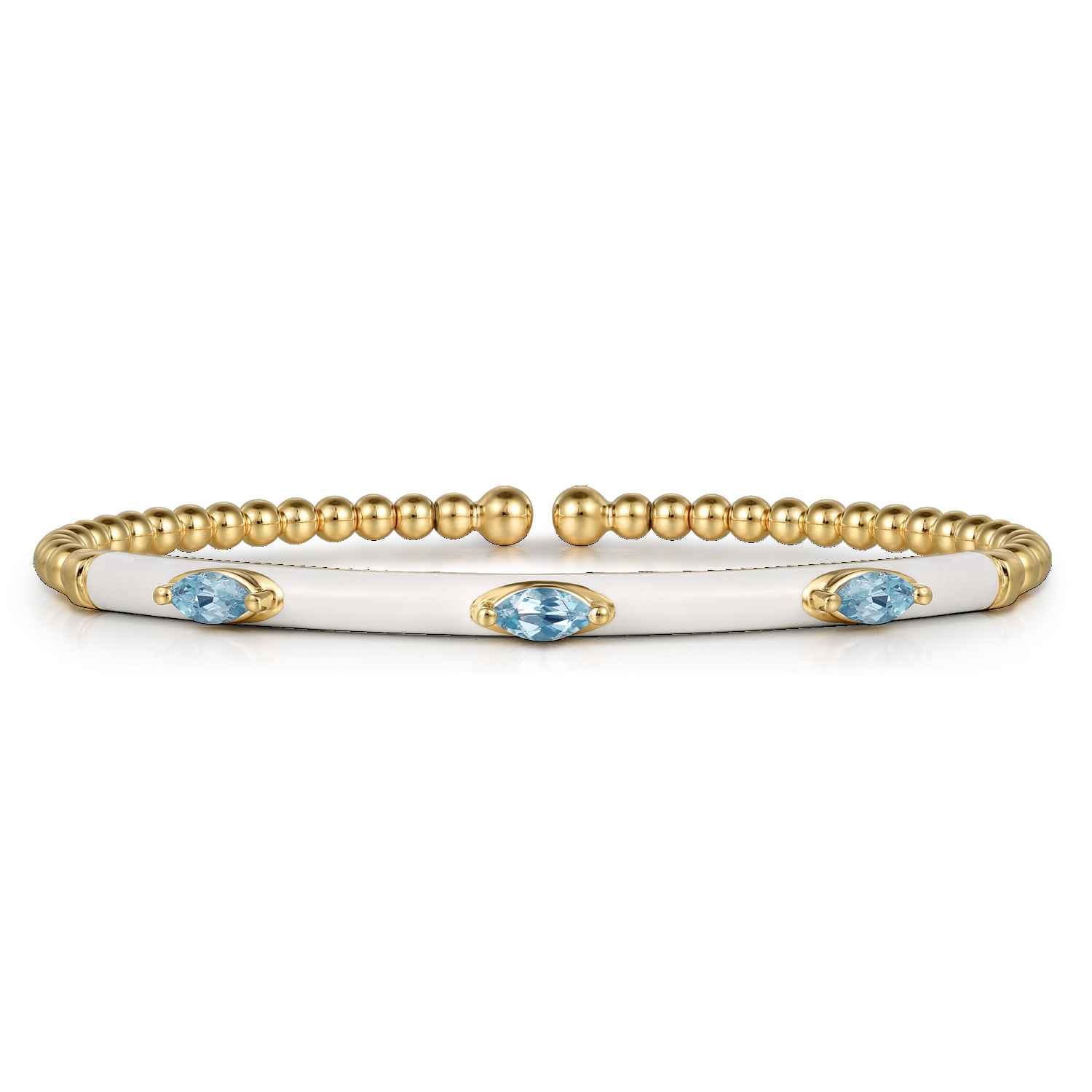 Enamel - 14K Yellow Gold Bujukan Blue Topaz Split Bangle with White Enamel - Shot 1