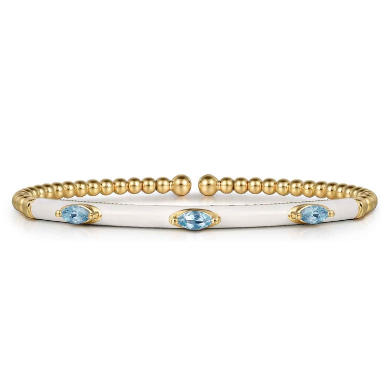 Enamel - 14K Yellow Gold Bujukan Blue Topaz Split Bangle with White Enamel - Shot 1