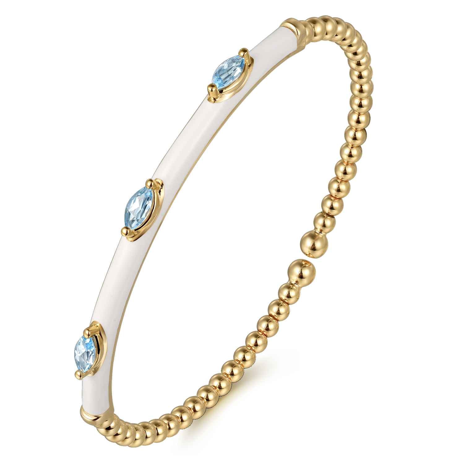 Enamel - 14K Yellow Gold Bujukan Blue Topaz Split Bangle with White Enamel - Shot 2