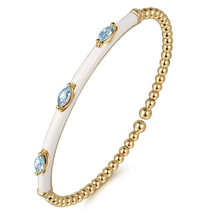 Enamel - 14K Yellow Gold Bujukan Blue Topaz Split Bangle with White Enamel