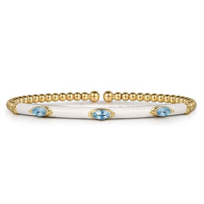 Enamel - 14K Yellow Gold Bujukan Blue Topaz Split Bangle with White Enamel