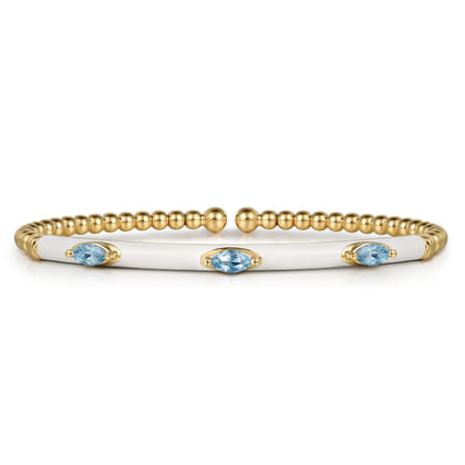 Enamel - 14K Yellow Gold Bujukan Blue Topaz Split Bangle with White Enamel