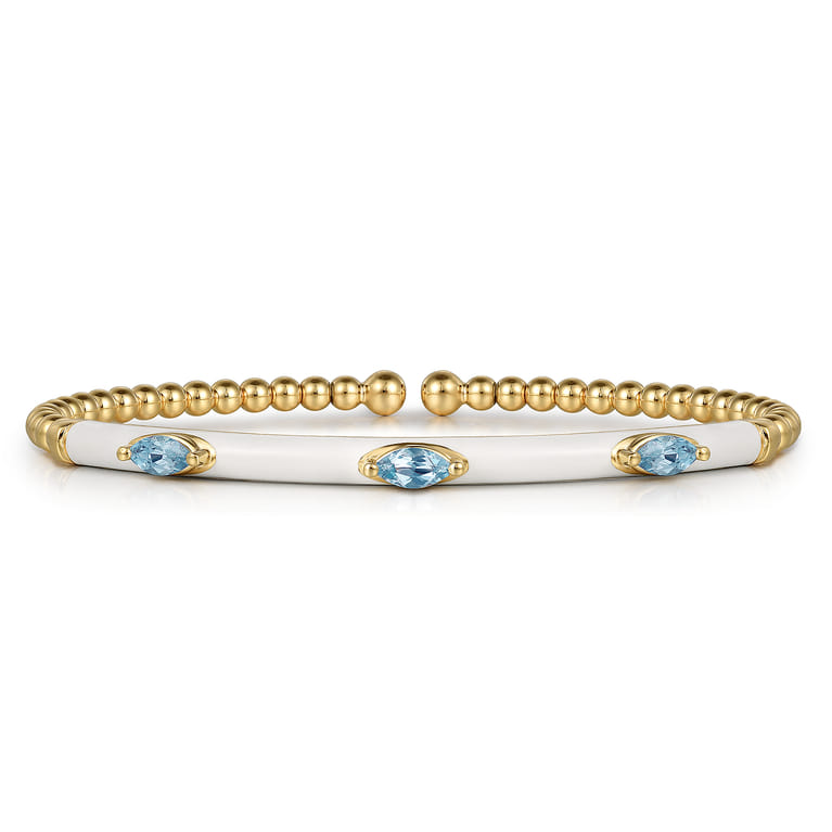 Enamel - 14K Yellow Gold Bujukan Blue Topaz Split Bangle with White Enamel - Shot 1