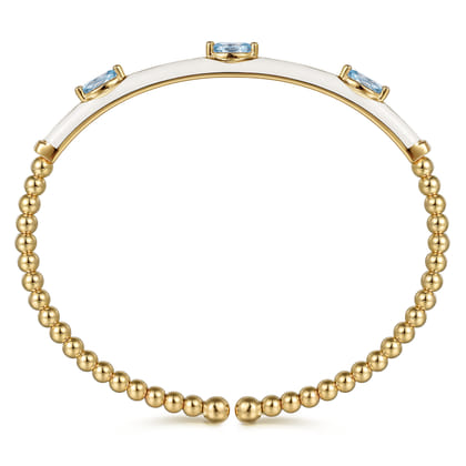 Enamel - 14K Yellow Gold Bujukan Blue Topaz Split Bangle with White Enamel