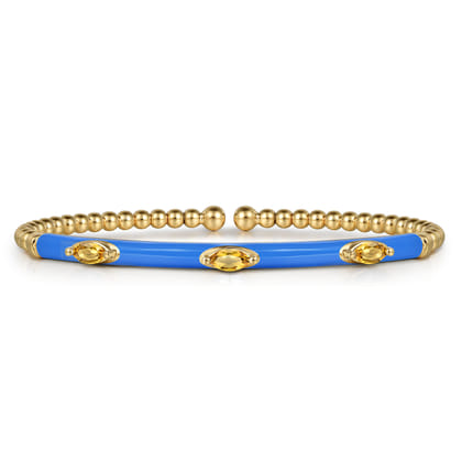 Enamel - 14K Yellow Gold Bujukan Citrine Split Bangle with Blue Enamel