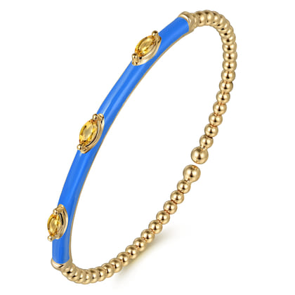 Enamel - 14K Yellow Gold Bujukan Citrine Split Bangle with Blue Enamel