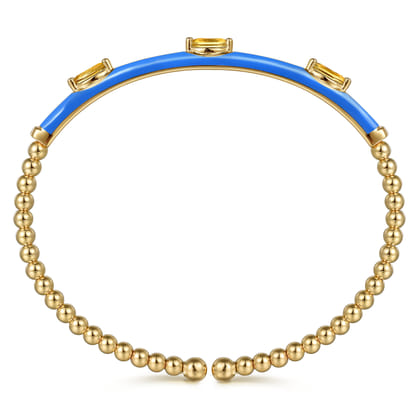 Enamel - 14K Yellow Gold Bujukan Citrine Split Bangle with Blue Enamel