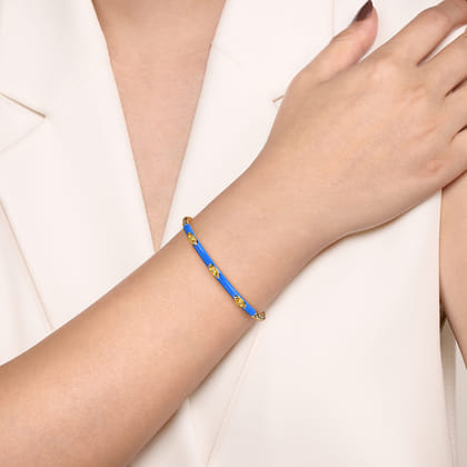 Enamel - 14K Yellow Gold Bujukan Citrine Split Bangle with Blue Enamel
