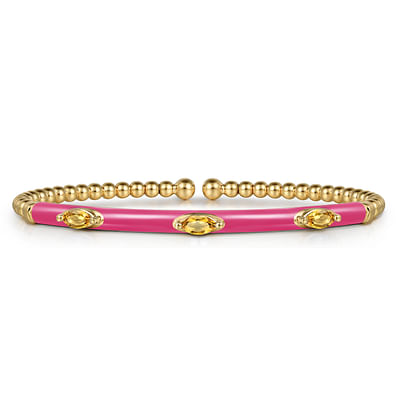 Enamel - 14K Yellow Gold Bujukan Citrine Split Bangle with Fuchsia Enamel