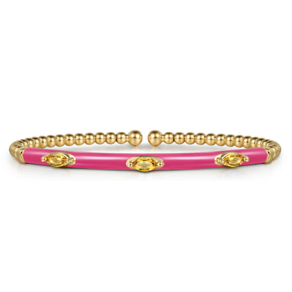 Enamel - 14K Yellow Gold Bujukan Citrine Split Bangle with Fuchsia Enamel