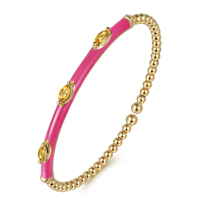 Enamel - 14K Yellow Gold Bujukan Citrine Split Bangle with Fuchsia Enamel
