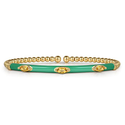 Enamel - 14K Yellow Gold Bujukan Citrine Split Bangle with Mint Green Enamel