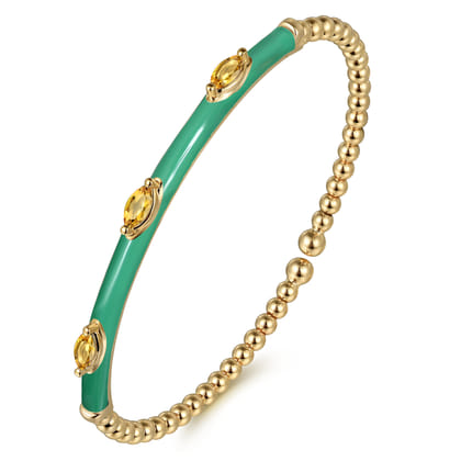 Enamel - 14K Yellow Gold Bujukan Citrine Split Bangle with Mint Green Enamel