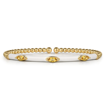 Enamel - 14K Yellow Gold Bujukan Citrine Split Bangle with White Enamel