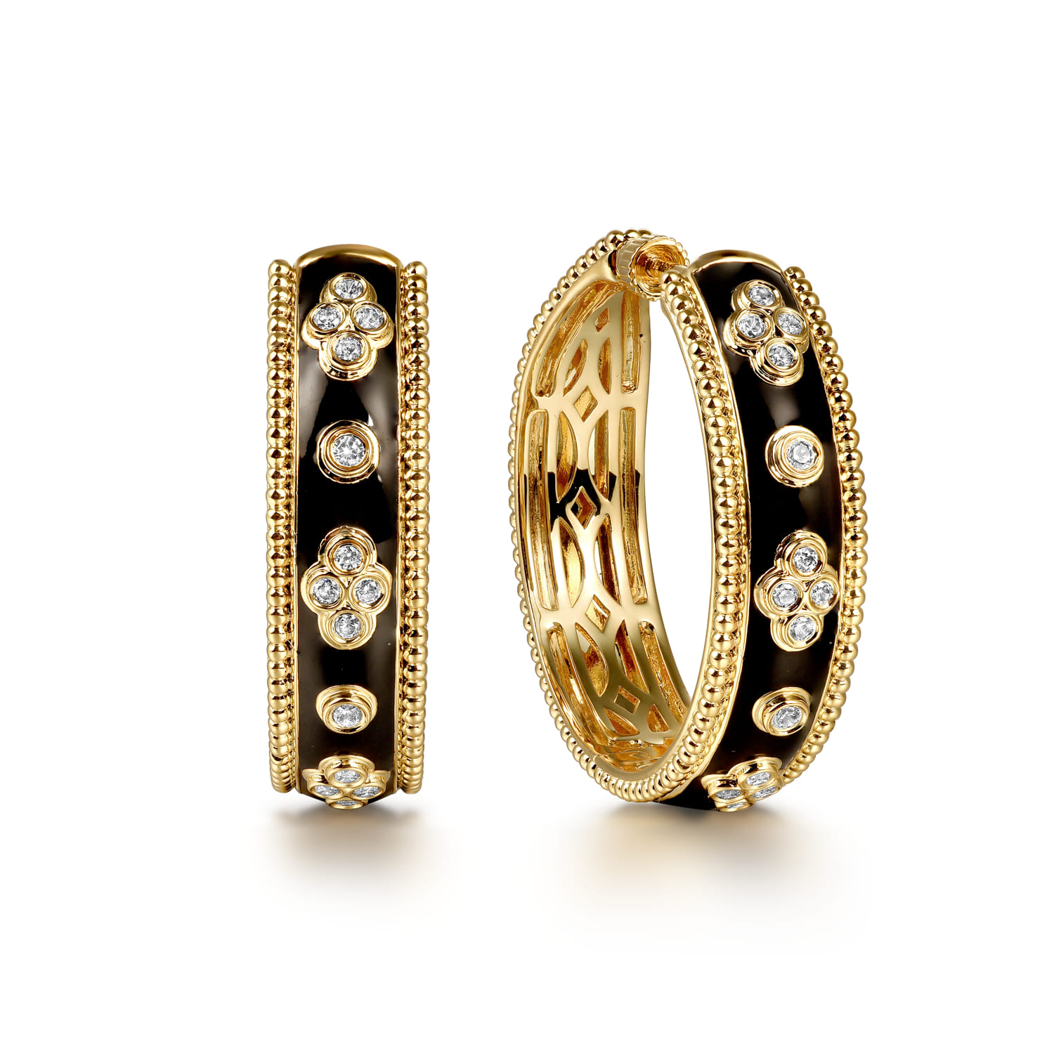 Enamel - 14K Yellow Gold Bujukan Diamond Classic Hoop Earrings with Black Enamel - 0.3 ct - Shot 1