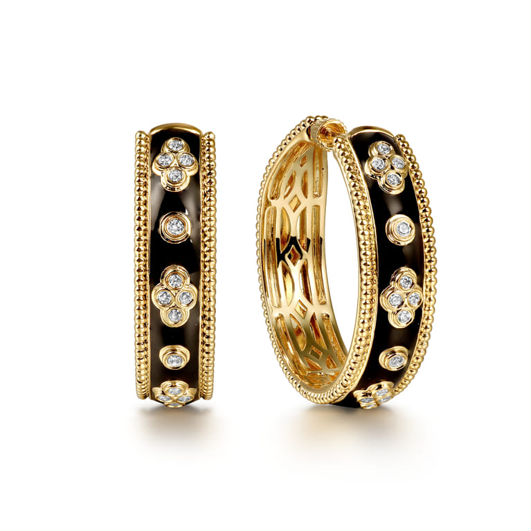Enamel - 14K Yellow Gold Bujukan Diamond Classic Hoop Earrings with Black Enamel - 0.3 ct - Shot 1