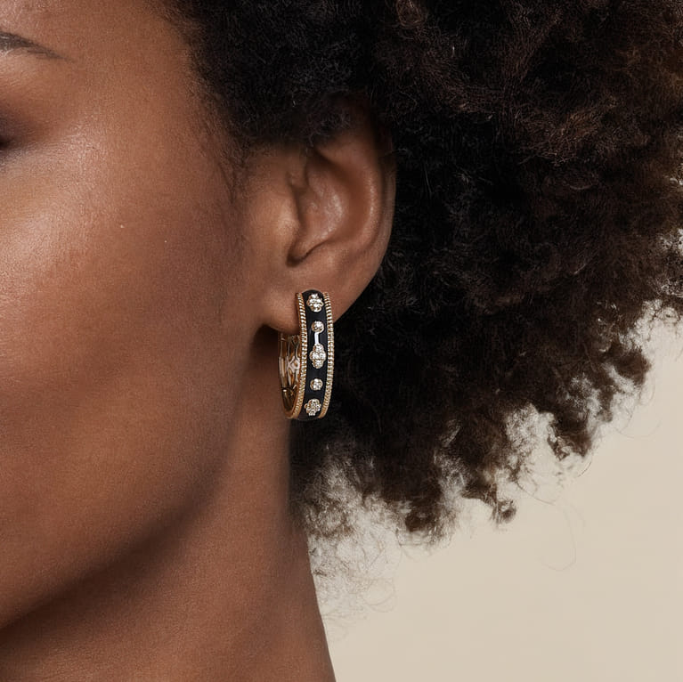 Enamel - 14K Yellow Gold Bujukan Diamond Classic Hoop Earrings with Black Enamel - 0.3 ct - Shot 3