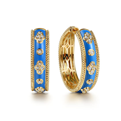 Enamel - 14K Yellow Gold Bujukan Diamond Classic Hoop Earrings with Blue Enamel
