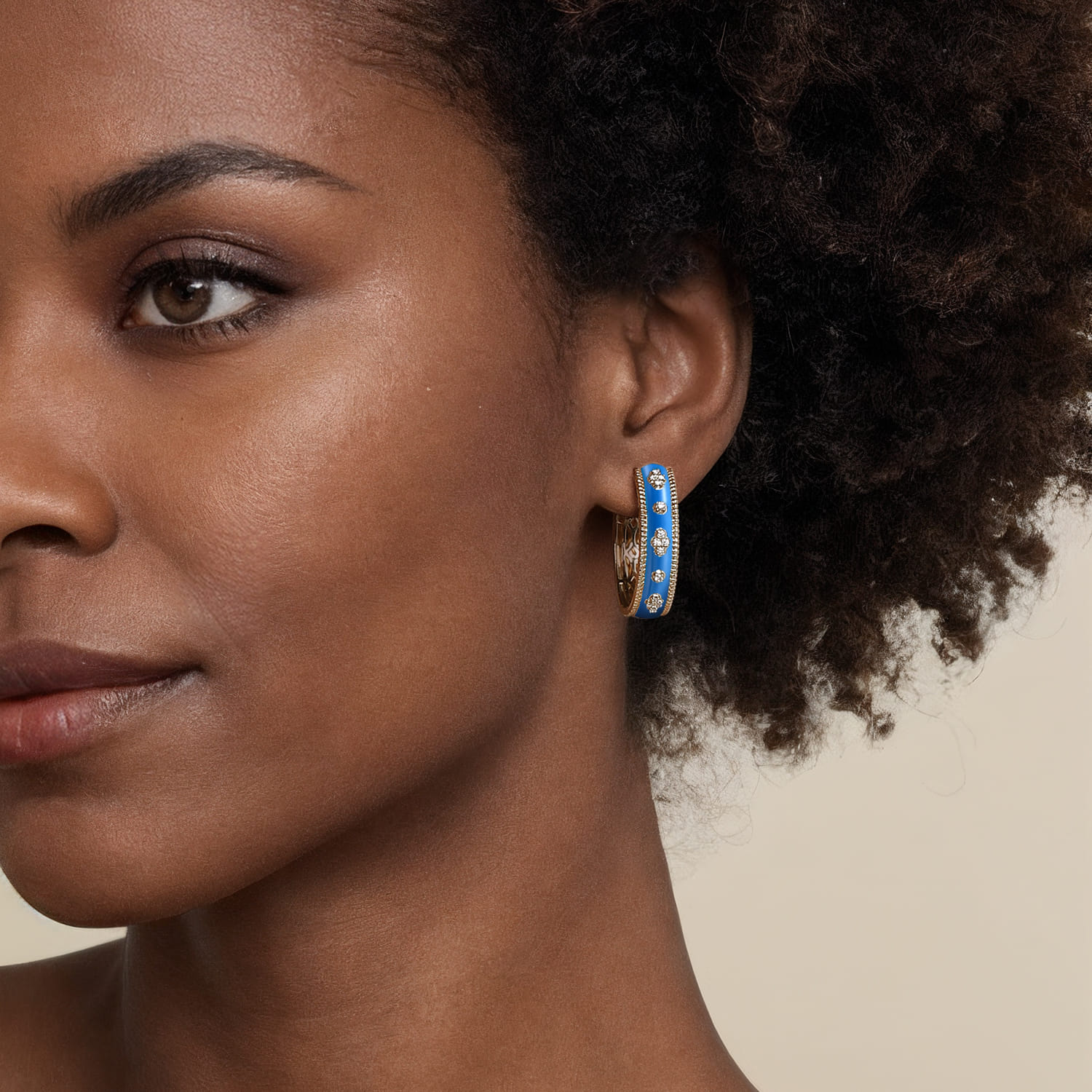 Enamel - 14K Yellow Gold Bujukan Diamond Classic Hoop Earrings with Blue Enamel - 0.3 ct - Shot 2
