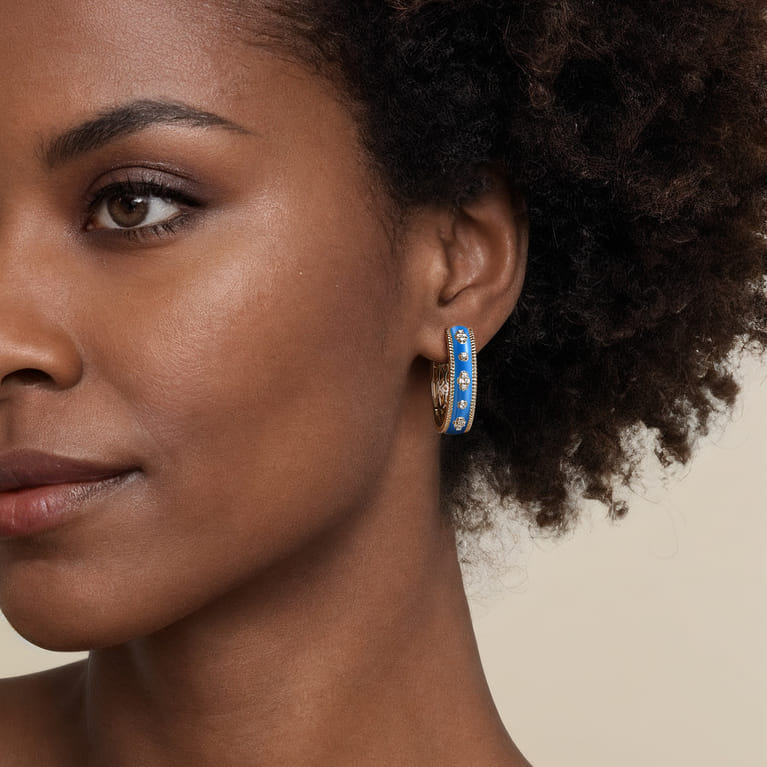 Enamel - 14K Yellow Gold Bujukan Diamond Classic Hoop Earrings with Blue Enamel - 0.3 ct - Shot 2