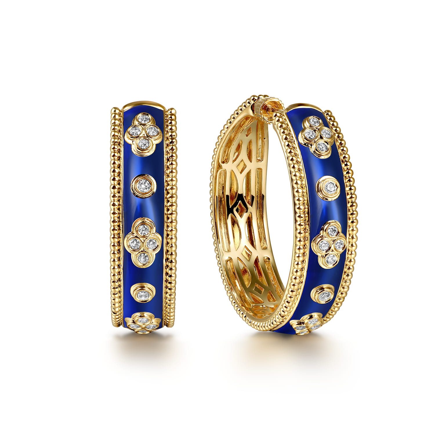 Enamel - 14K Yellow Gold Bujukan Diamond Classic Hoop Earrings with Chrome Blue Enamel - 0.3 ct - Shot 1