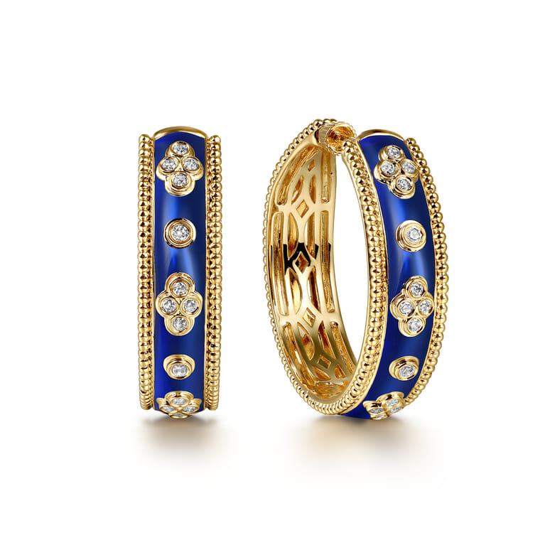 Enamel - 14K Yellow Gold Bujukan Diamond Classic Hoop Earrings with Chrome Blue Enamel - 0.3 ct - Shot 1