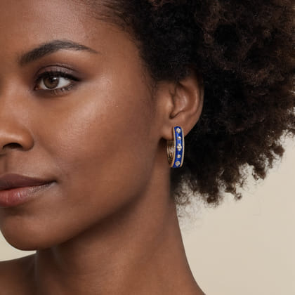 Enamel - 14K Yellow Gold Bujukan Diamond Classic Hoop Earrings with Chrome Blue Enamel