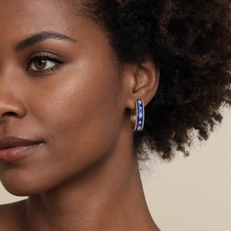Enamel - 14K Yellow Gold Bujukan Diamond Classic Hoop Earrings with Chrome Blue Enamel - 0.3 ct - Shot 2